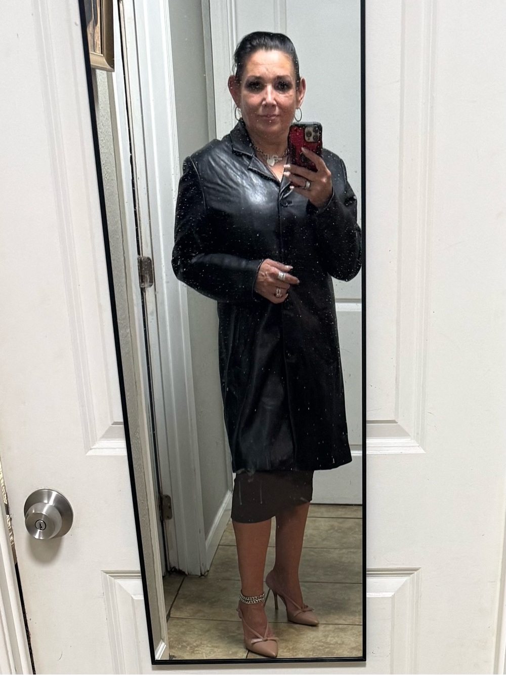 Womens Black Leather Long Coat - Classic Button-Front Jacket